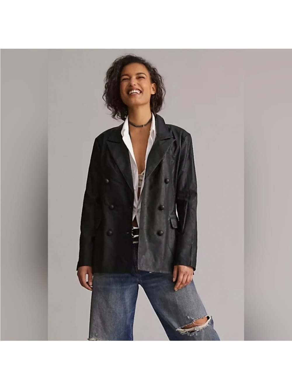 Blank NYC Black Double-Breasted Leather Blazer